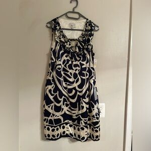 NWT- ECI 100% Silk Ruffle Collar Cream and Navy Knee Length Cocktail Dress Sz 8